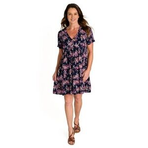 Ivy size XL Women's V-neck Dress w/ Bottom Tier Detail, floral, navy and pink